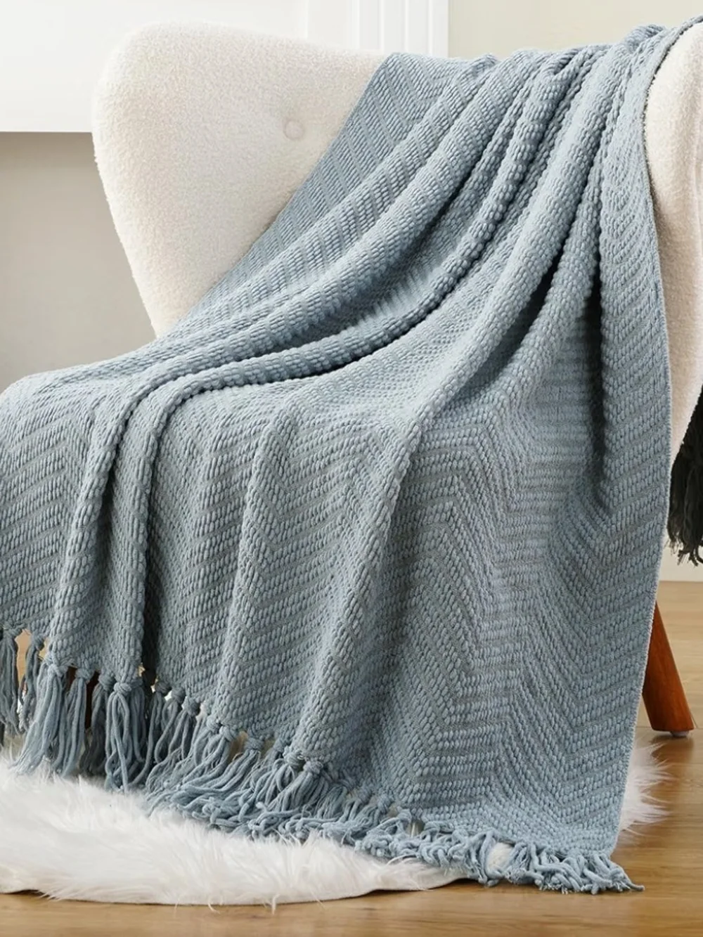 Cozy Textured Throw Blanket - Light Blue Chenille with Fringe 60 X 80